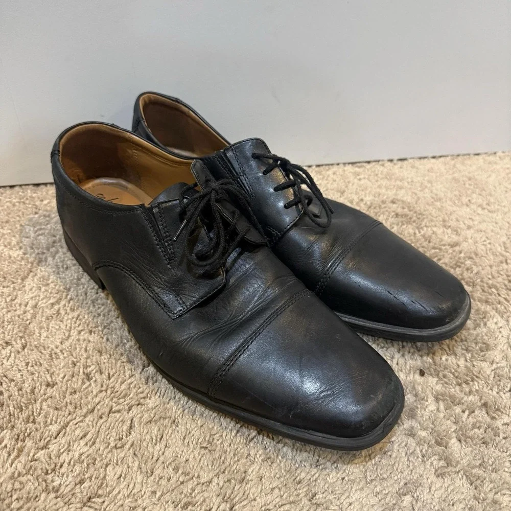 Clarks Shoes Mens Size 12 Black Leather Cap Toe Derby Dress Comfort Rubber Sole